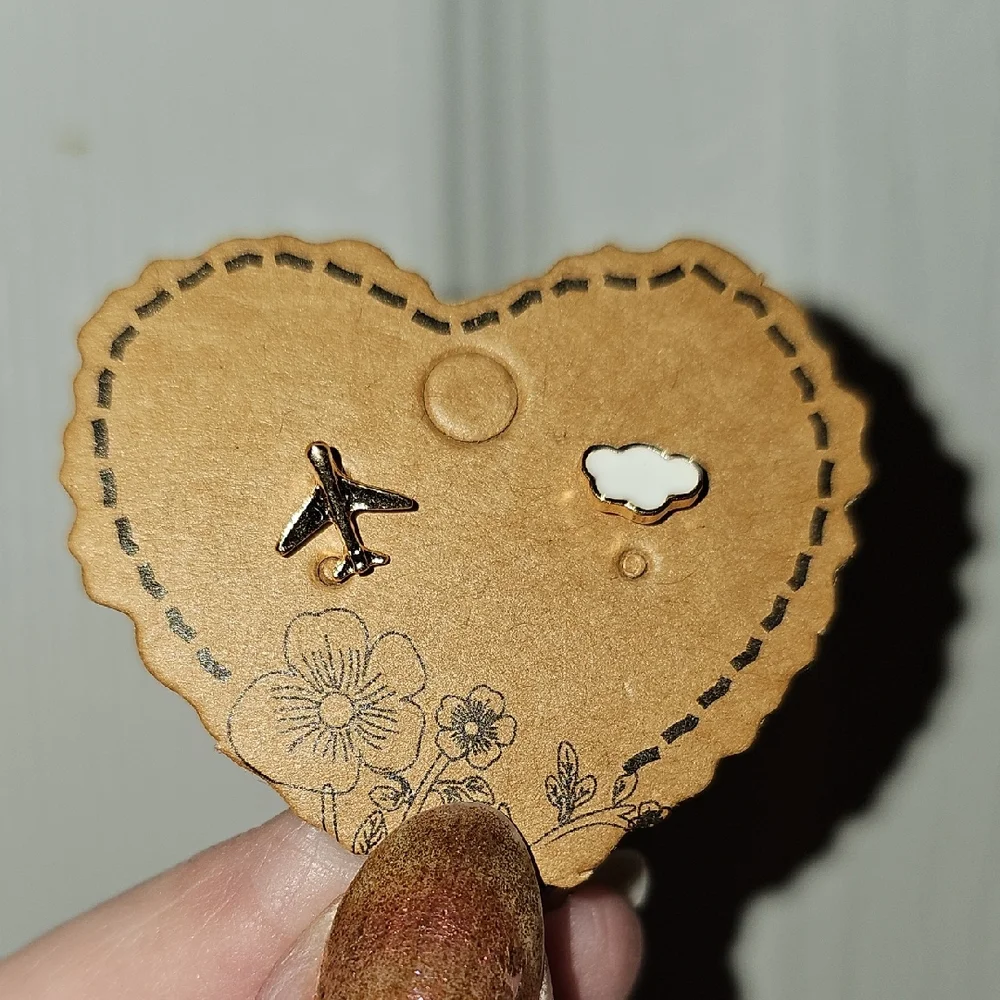 Airplane and Cloud Stud Earrings - Gold And White - Picture 1 of 5